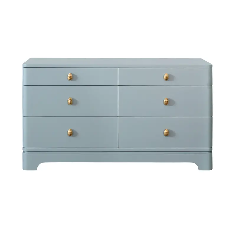 Kilmer Rounded Edge Six Drawer Chest - Light Blue Matte Lacquer W/Brass Beetle Knobs 1