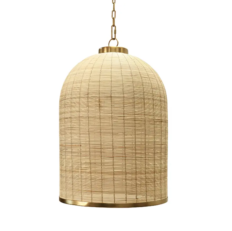 Laken Bell Shaped Natural Rattan Pendant Light With Satin Brass Trim 1