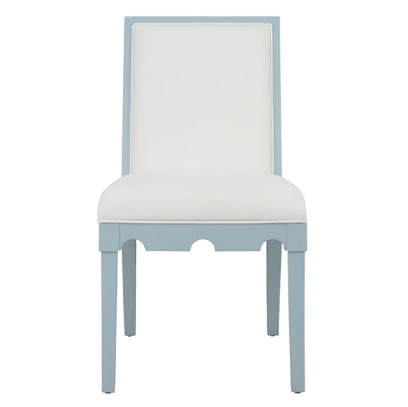 Lanister Matte Light Blue Lacquer Square Back Dining Chair With White Performance Linen Back & Seat 1