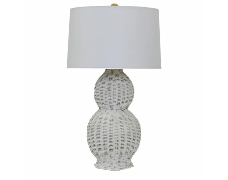 Malina Gourd Shaped Table Lamp - Rustic White Rattan W/White Linen Shade 1