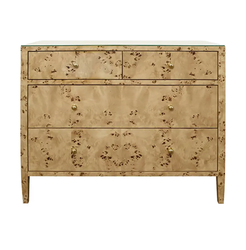 Michelle Burlwood, Glass Top, Four Drawer Chest With Brass Knobs 1