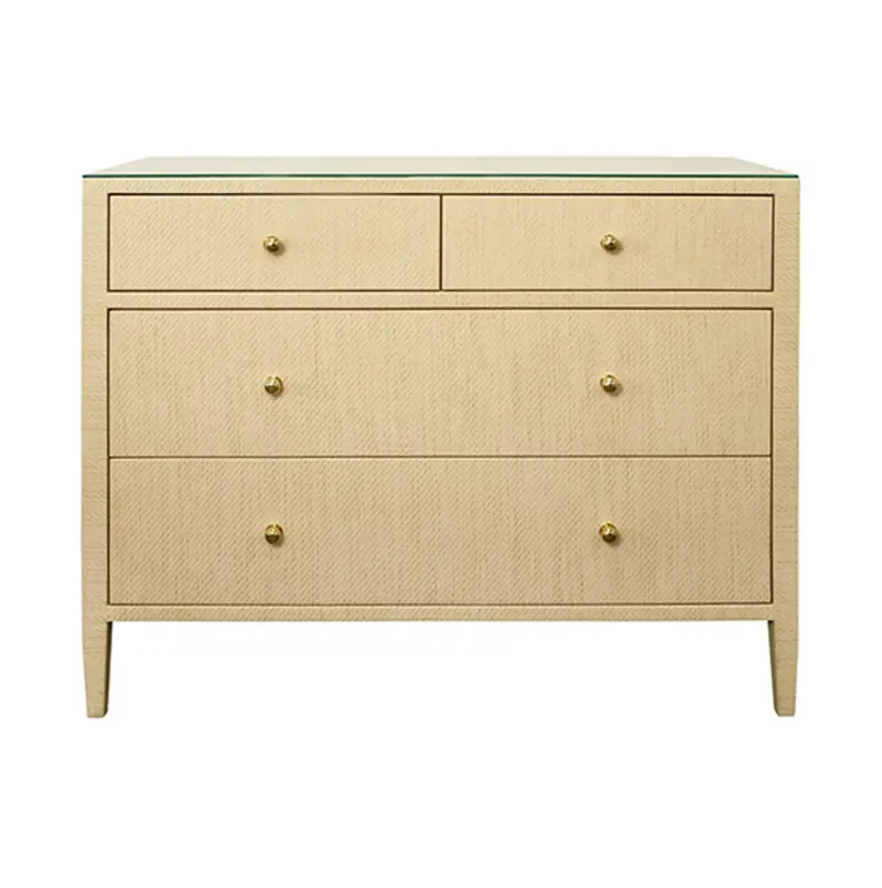Michelle Natural Grasscloth, Glass Top, Four Drawer Chest With Brass Knobs 1