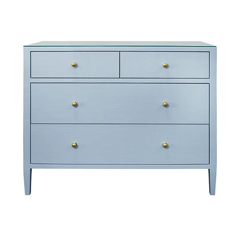 Michelle Textured Light Blue Linen, Glass Top, Four Drawer Chest With Brass Knobs 1
