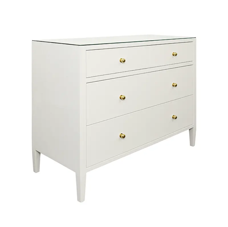Michelle Textured White Linen, Glass Top, Four Drawer Chest With Brass Knobs 2