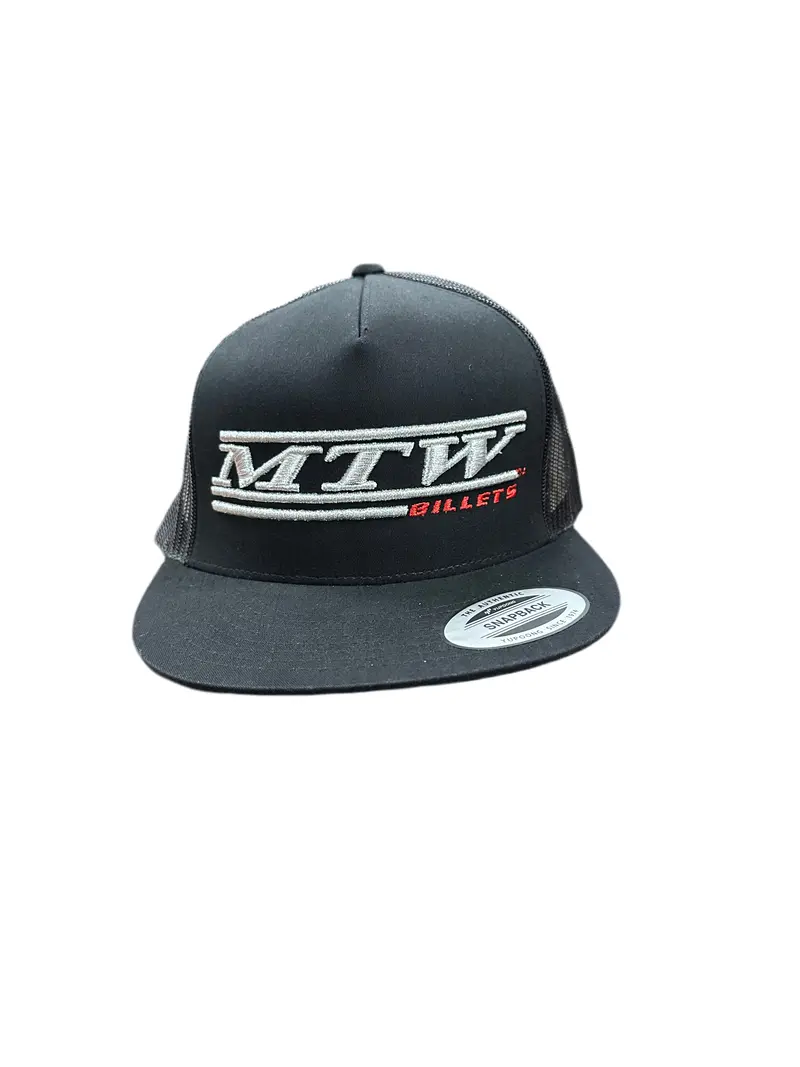 Mtw Billets High-Profile 5-Panel Flat Visor Snapback Trucker Hat | Yp Classics Yupoong | Black With Grey Letters | Red Billets Letters 1