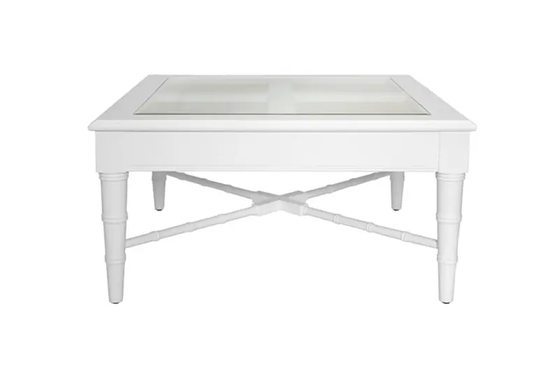 Noreen Matte White Lacquer & Glass Top Coffee Table W/Cane Inset 1