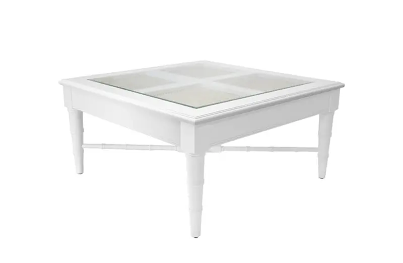 Noreen Matte White Lacquer & Glass Top Coffee Table W/Cane Inset 2