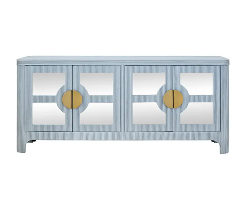 Opal Light Blue Rattan And Mirror Four Door Buffet 1