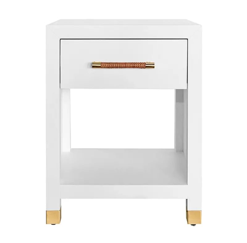 Pelham One Drawer Side Table - Matte White Lacquer W/Rattan Wrapped Handles 1