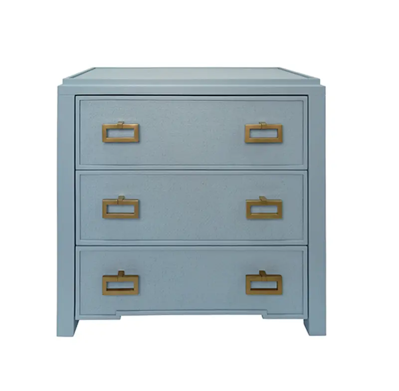Radley Light Blue Grasscloth And Matte Lacquer Three Drawer Side Table With Satin Brass Drawer Pulls 1