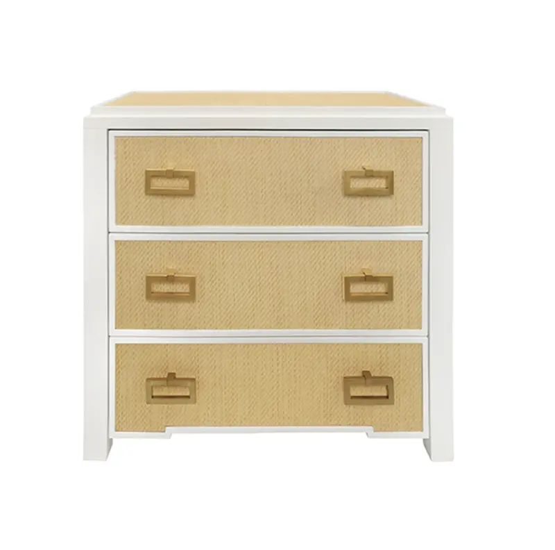 Radley Natural Grasscloth And Matte White Lacquer Three Drawer Side Table With Satin Brass Drawer Pulls 1