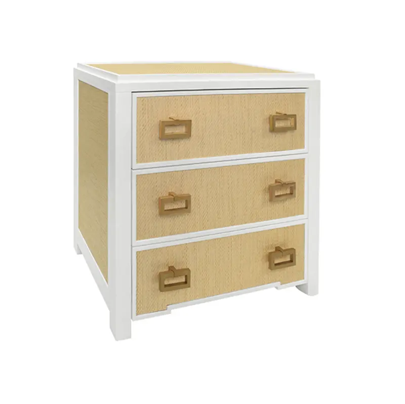 Radley Natural Grasscloth And Matte White Lacquer Three Drawer Side Table With Satin Brass Drawer Pulls 2
