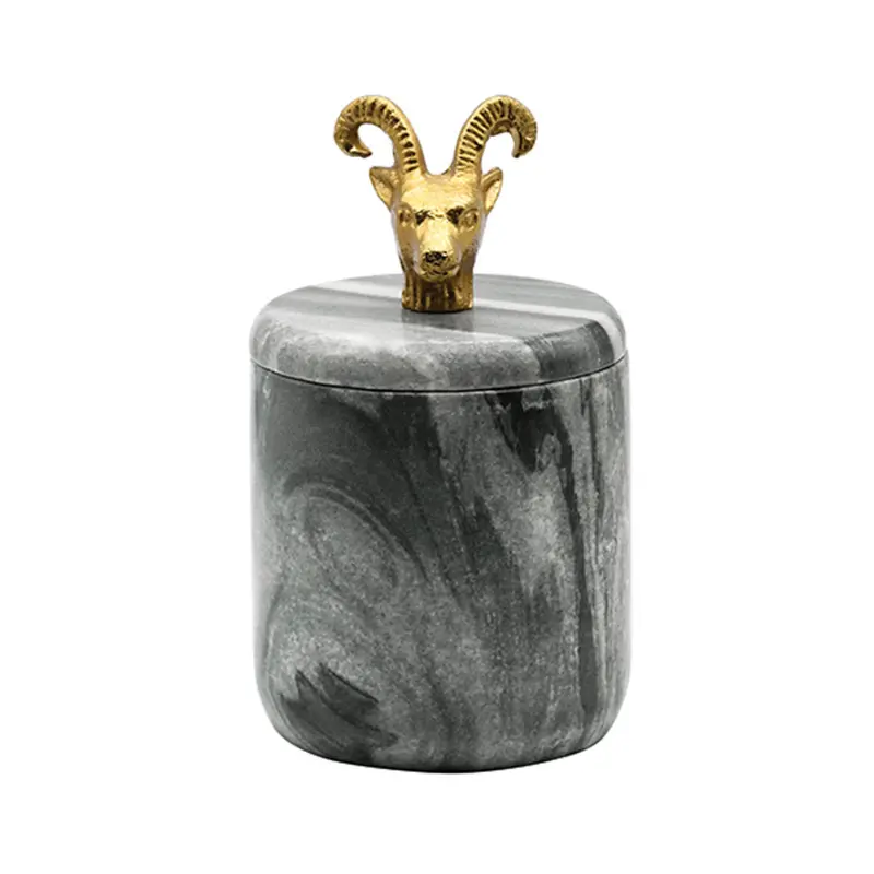 Rammy Grey Marble Container With Gold Leaf Ram Head 1
