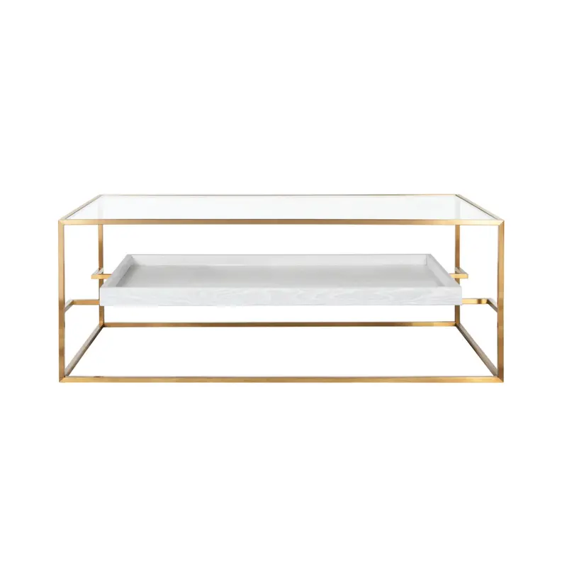 Reagan Glass Top Brass Framed Coffee Table With White Washed Oak Tray 1