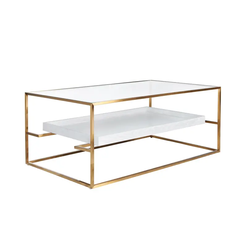 Reagan Glass Top Brass Framed Coffee Table With White Washed Oak Tray 2