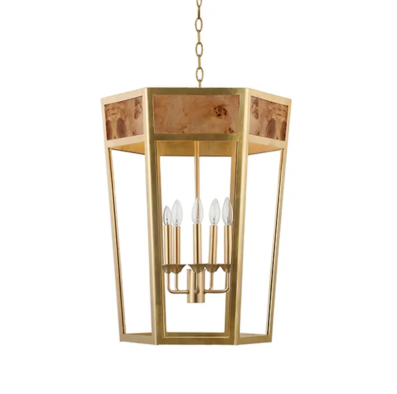 Reynolds Five Light Burlwood And Gold Metal Hexagon Pendant Light 1