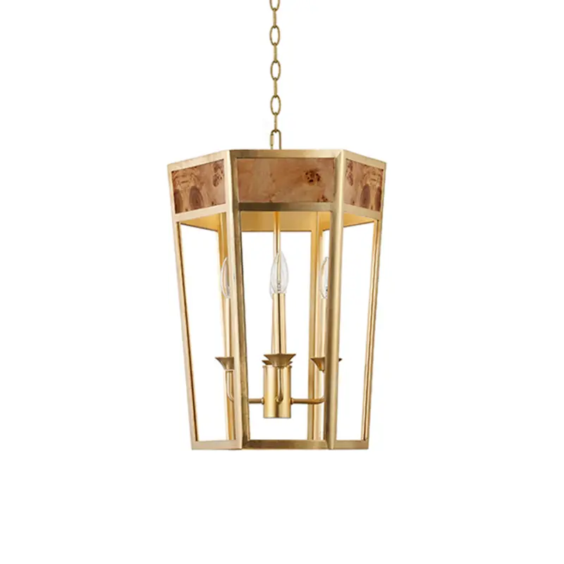 Reynolds Four Light Burlwood And Gold Metal Hexagon Pendant Light 1