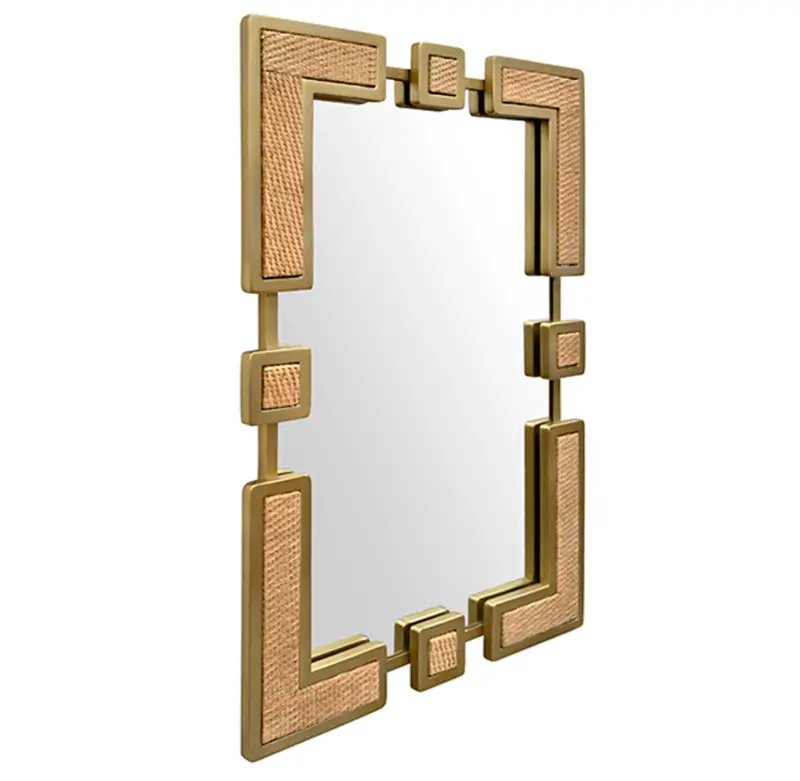 Roro Rectangular Mirror With Curved Brass Sectioned Frame And Inset Woven Rattan 2