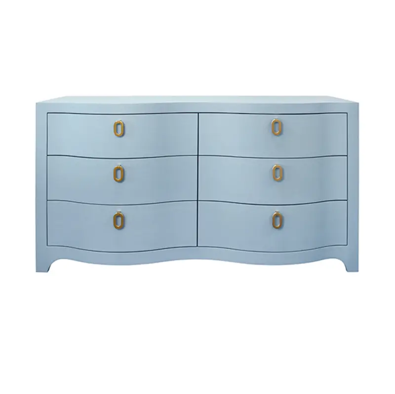 Rosie Textured Light Blue Linen Curved Front Six Drawer Chest With Satin Brass Hardware 1