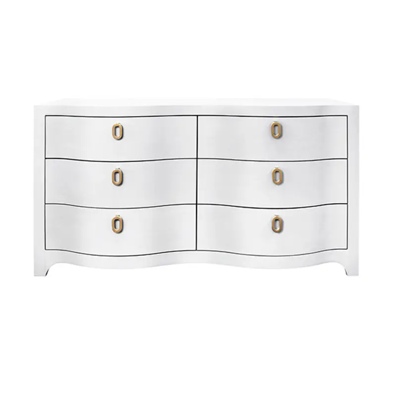 Rosie Textured White Linen Curved Front Six Drawer Chest With Satin Brass Hardware 1