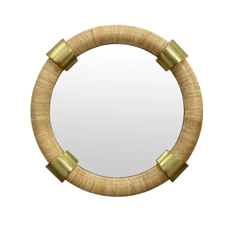 Saylor Round Wrapped Rattan And Brass Wall Mirror 1