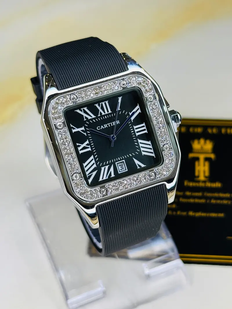 Silver Black Iced Tank Silicon Cartier Watch 1