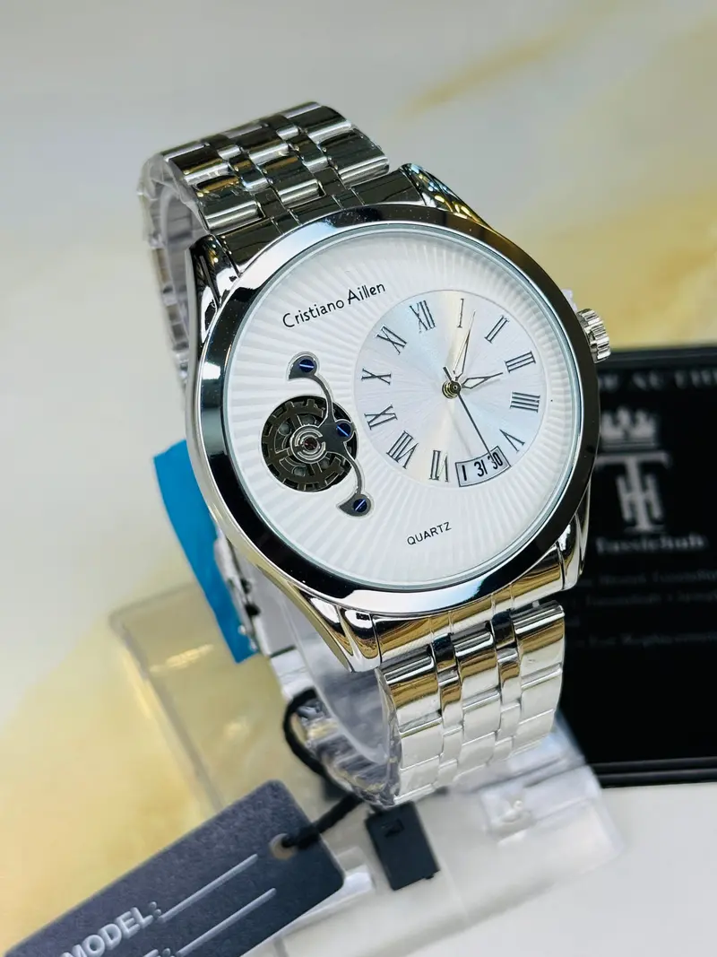 Silver Cristiano Aillen White Spiral Gear Dial Watch 1