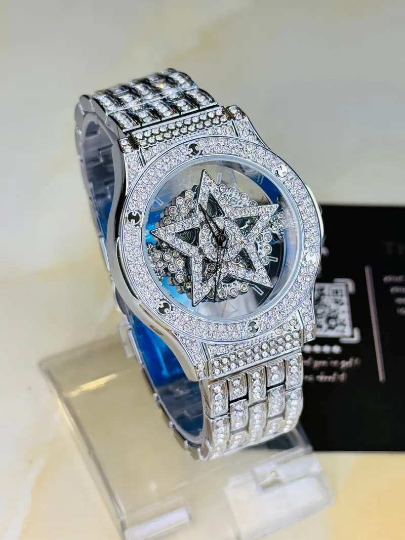 Silver Iced Out Spinner Star Dial Watch 1