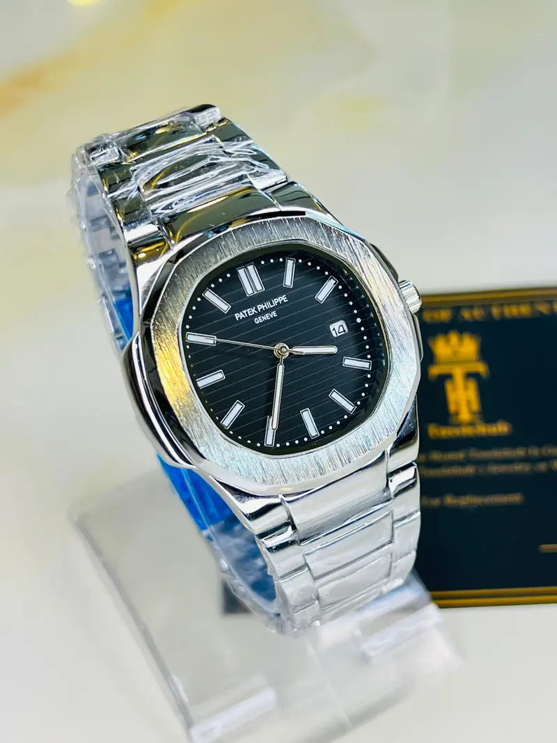 Silver Nautilus Black Dial Watch 1