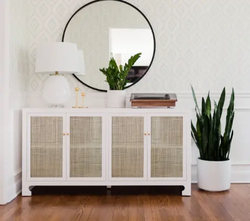 Sofia Matte White Lacquer & Cane Four Door Cabinet 1