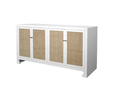 Sofia Matte White Lacquer & Cane Four Door Cabinet 3