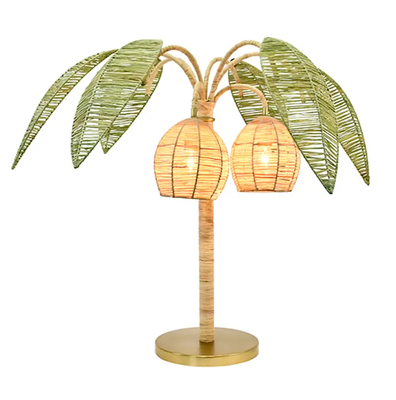 Sola Green And Natural Paper Rafia Palm Tree And Coconut Table Lamp With Brass Details 1