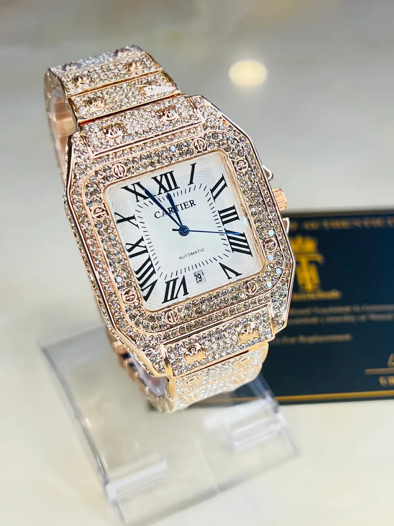 Square Iced Out Branded Rose Gold White Dial Watch 1