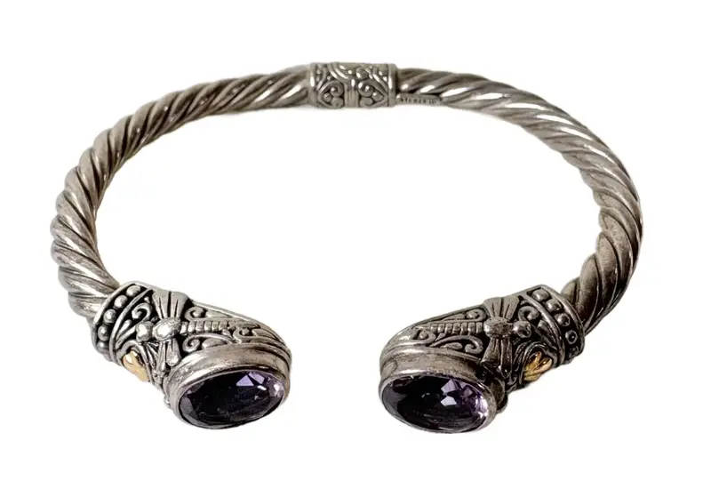 Sterling Silver, Amethyst, And 18K Gold Hinge Bracelet With Dragonflies 1