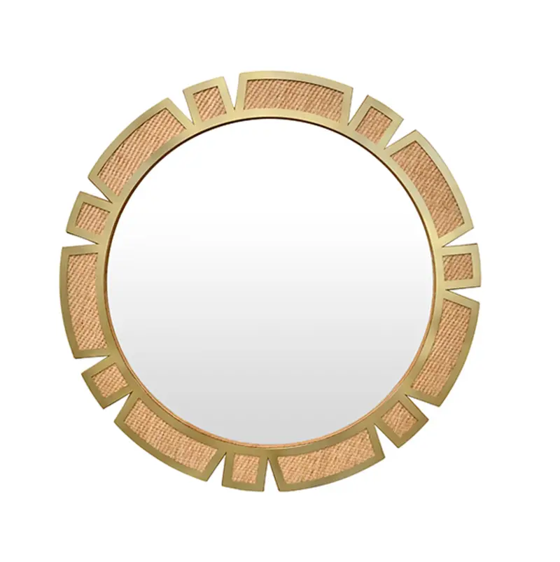 Sunday Round Framed Rattan And Modern Brass Sunburst Mirror 1