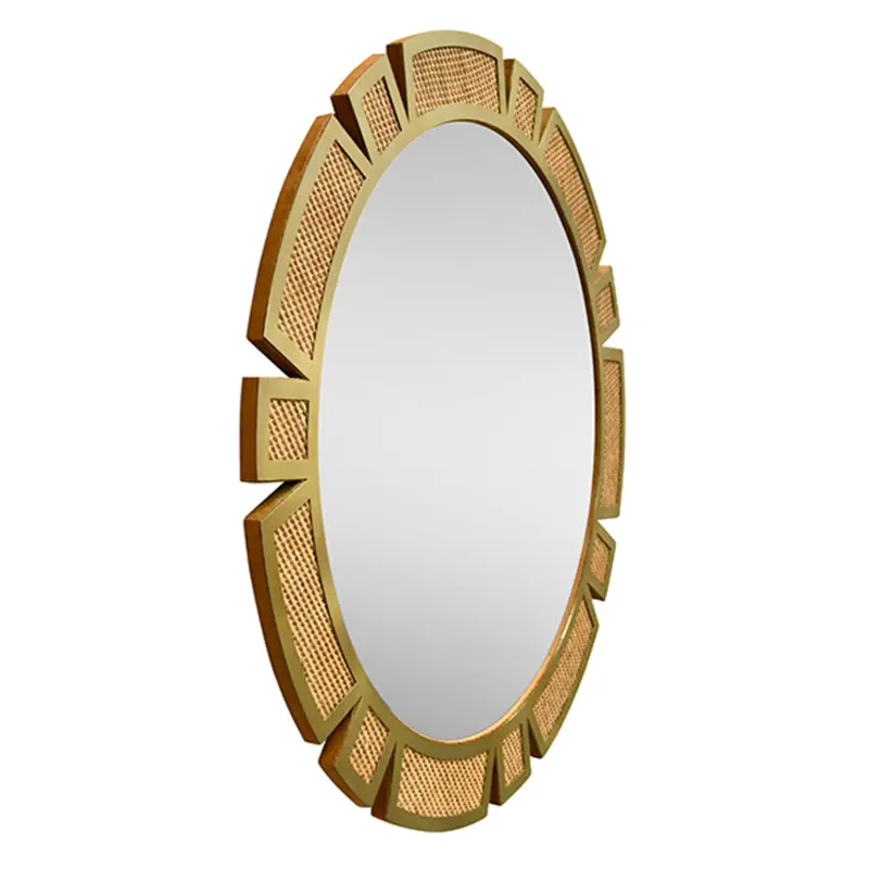 Sunday Round Framed Rattan And Modern Brass Sunburst Mirror 2