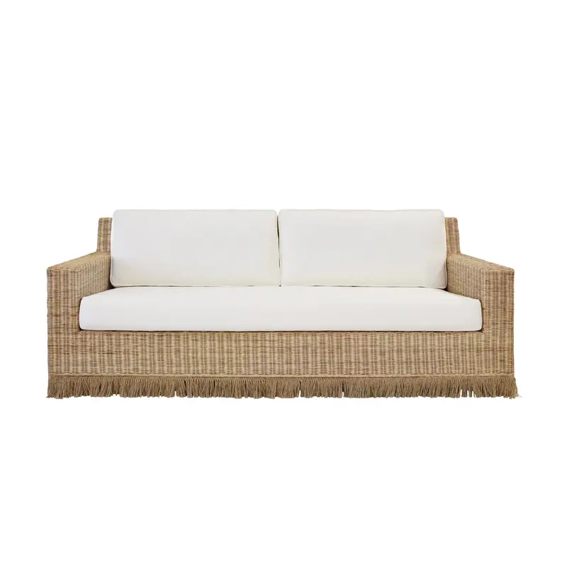 Tenny Lawson-Style Rattan & Ivory Linen Sofa With Fringed Skirt 1