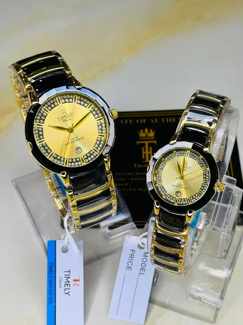 Timely Black Gold With Gold Dial Couple Watch 1