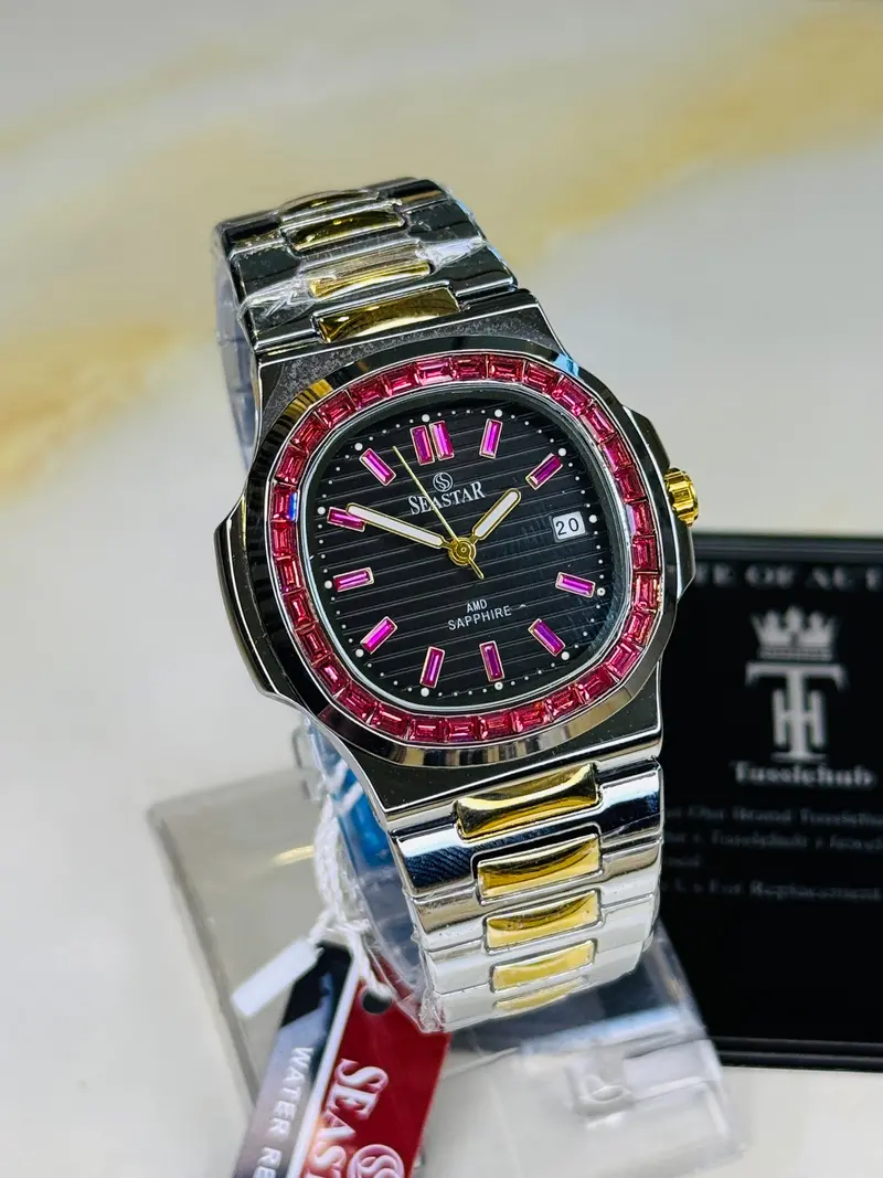 Two Tone Black Ruby Zircon Seastar Watch 1