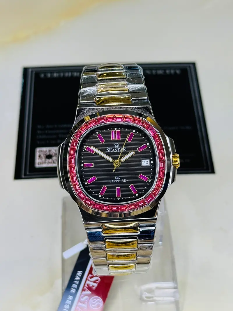 Two Tone Black Ruby Zircon Seastar Watch 2