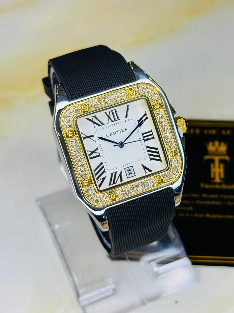 Two Tone White Iced Tank Silicon Cartier Watch 1