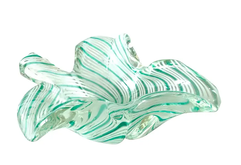 Vintage 1950S Paulo Venini Aquamarine Striped Murano Glass Bowl 1