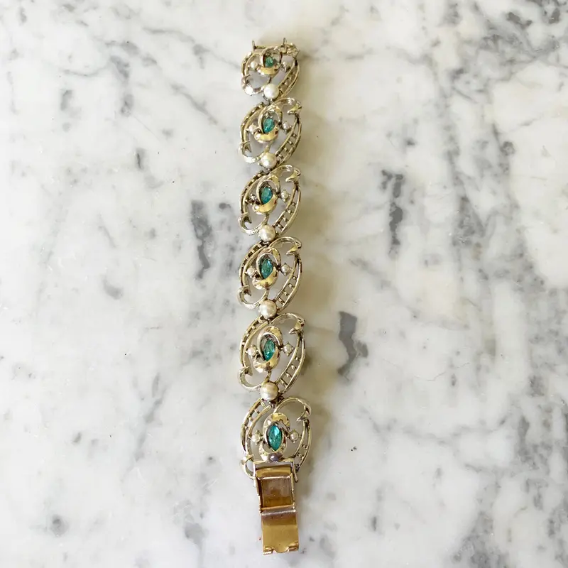 Vintage 1960S Coro Hollywood Glamour Bracelet With Faux Pearls And Aqua Rhinesetones 1