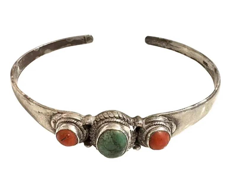 Vintage 1970S Sterling Silver Navajo Coral And Turquoise Cuff Bracelet 1