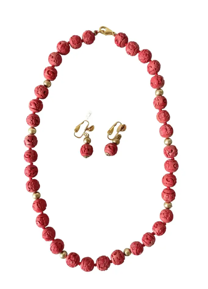 Vintage Chinese Cinnabar Beaded Necklace And Screw Back Earrings Set 1