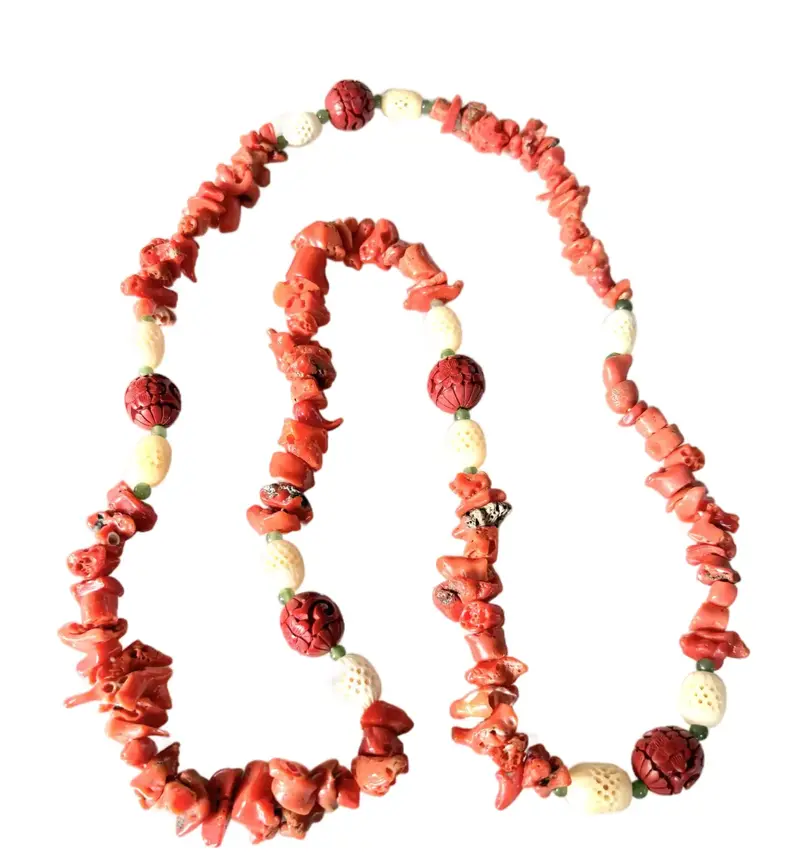 Vintage Chinese Coral And Cinnabar Beaded Necklace 1
