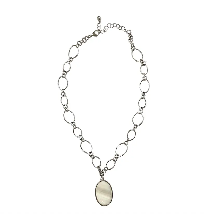 Vintage Sterling Silver Link Necklace With Mother Of Pearl Pendant 1