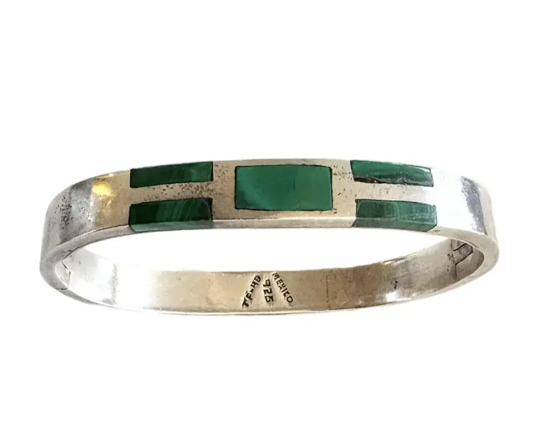 Vintage Taxco Sterling Silver And Malachite Inlay Hinge Bracelet - Mexico 1