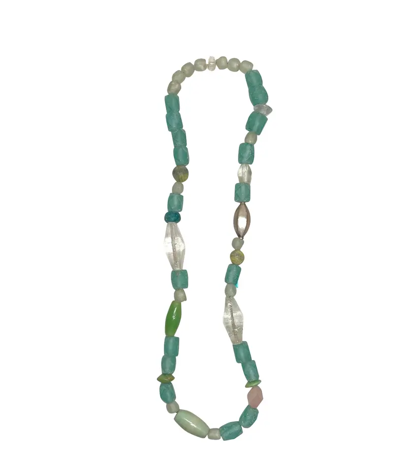 Vintage Turquoise Glass, Silver, And African Trade Bead Boho Necklace 1