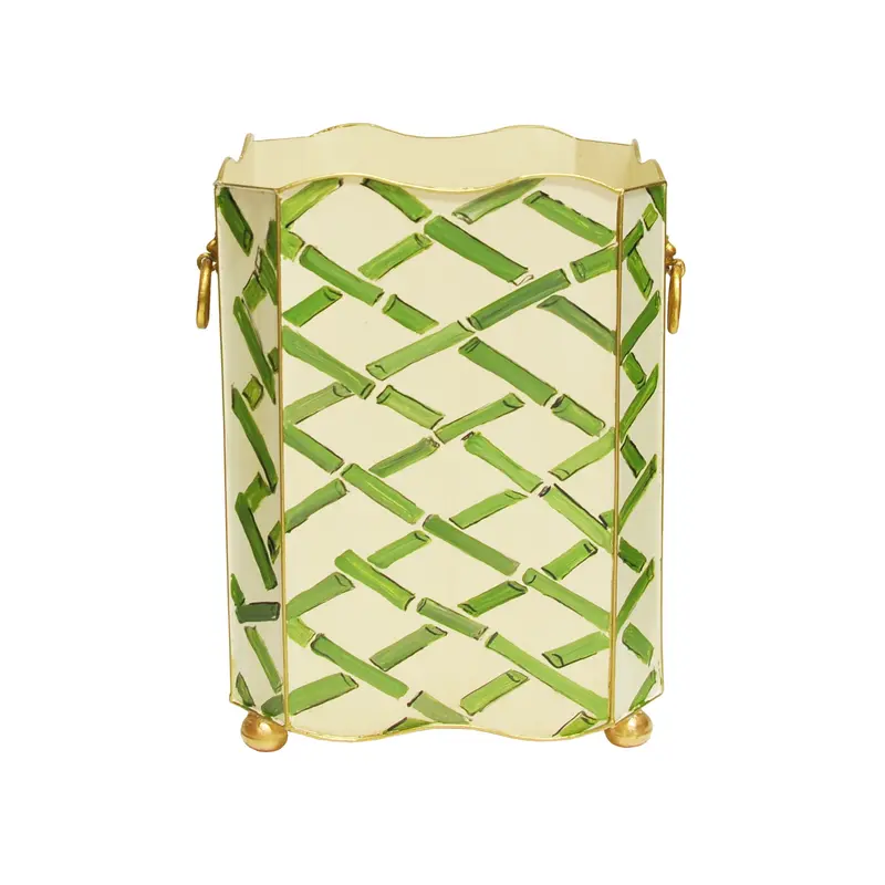 Wastebasket - Bamboo Handpainted Metal, Scallop Edged Square Wastebasket With Brass Lion Handles - 2 Color Options 2